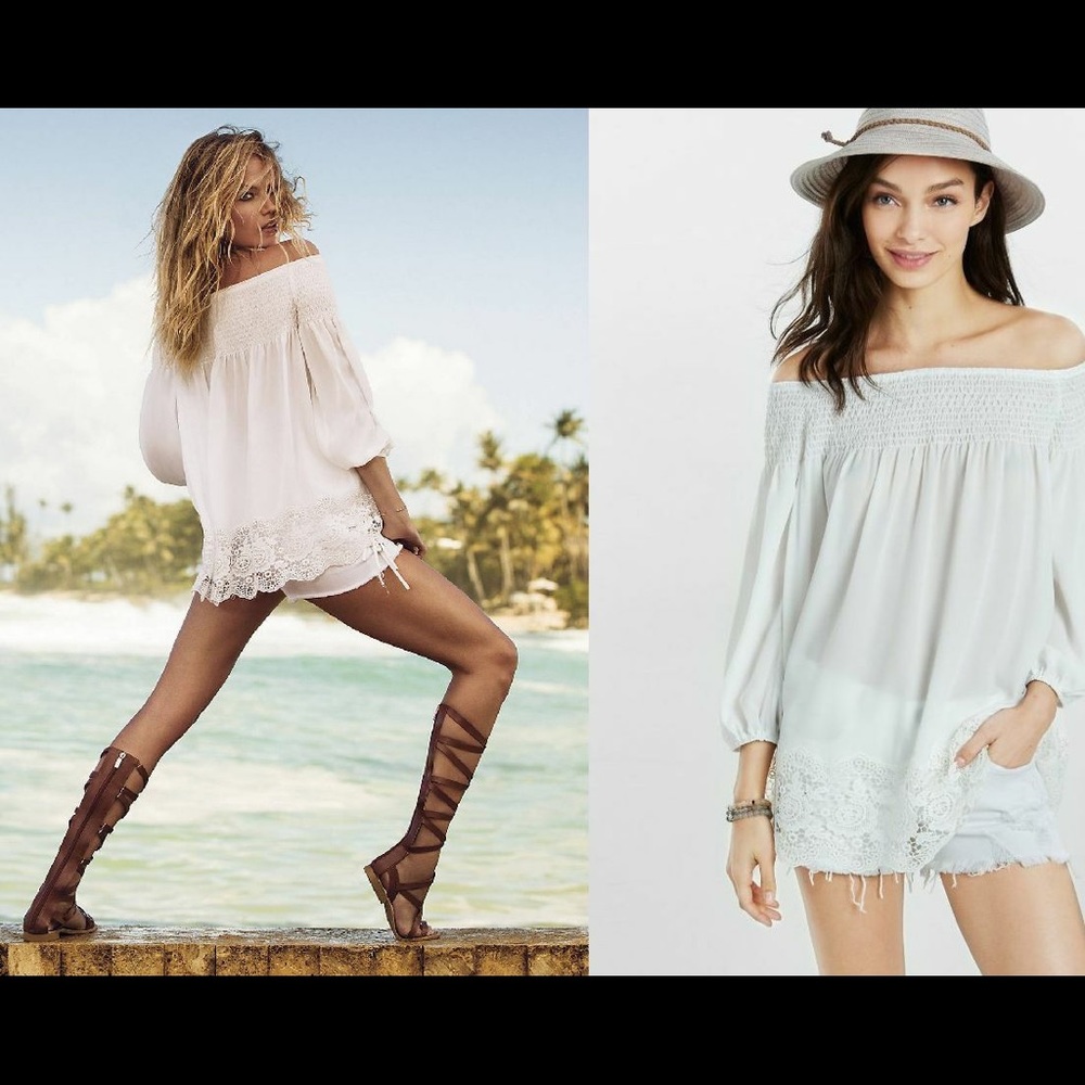 🔱 EXPRESS Smocked Off The Shoulder Lace Hem Blouse